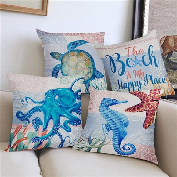 Set of 4 Ocean Theme Summer Pillow Covers 20 x 20 Inch  |  Blue Sea Turtle Beach - Picture 1 of 9